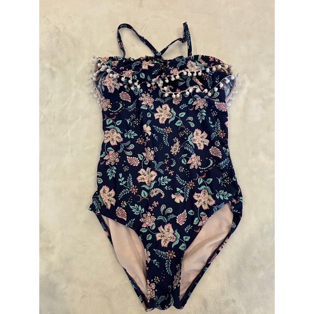 Xhilaration Girls Navy Floral Pom Pom Ruffle One Piece Swimsuit Size 14